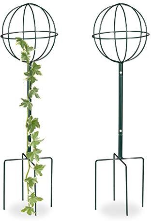 Relaxdays Set da 2 Sostegni per Piante Rampicanti, 80 cm, Supporti Rotondi con Sfera, per Aiuole e Terreno, Verde Scuro