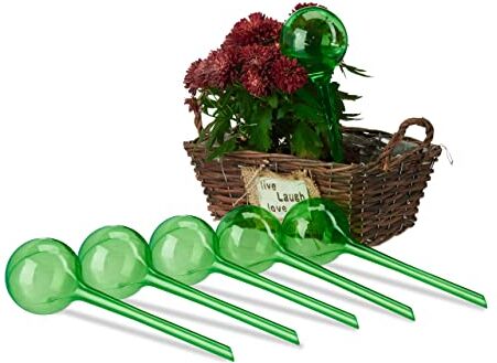 Relaxdays Sfere per Irrigazione, Set da 6, HxD 28x8 cm, Irrigatori da 250 ml per Piante e Fiori in Vaso, Plastica, Verde, Poliestere, Sabbia