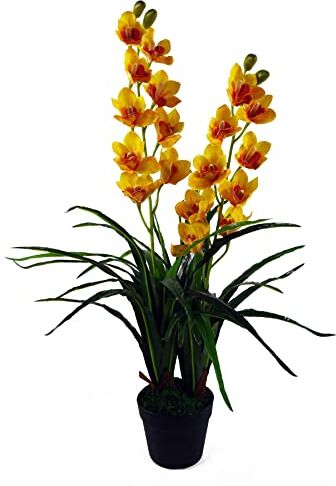 Leaf Pianta artificiale di orchidea Cymbidium da 90 cm, vaso di plastica nero extra large, giallo