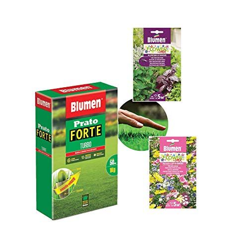 Blumen Set Semina Prato FORTE TURBO con Seme + Concime NPK 2 in 1 fino a 50 mq + Set 2 Bustine di Fiori fino a 10MQ per Nuove Semine o Rigenerazione Giardino (fino a 50mq)