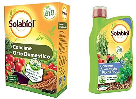 Solabiol Concime Granulare Biologico per Orto Domestico con Tecnologia Natural Booster, 1,5Kg & Concime Liquido Biologico per Aromatiche e Piccoli Frutti con Tecnologia Natural Booster, 1L