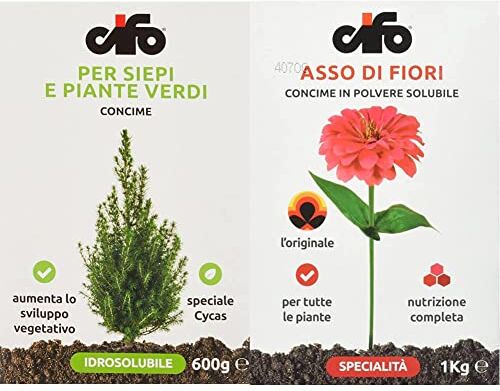 Cifo Concime idrosolubile per siepi e piante verdi 600 g & Asso di Fiori Concime in Polvere solubile per tutte le piante da balcone giardino ed orto 1 Kg