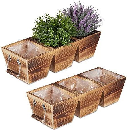 Relaxdays Fioriera in Legno, 3 Portavasi per il Balcone e il Davanzale, Vaso Rettangolare per il Giardino, Naturale