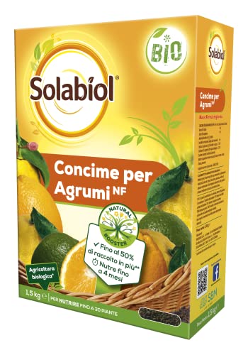 Solabiol Concime Biologico Granulare Agrumi con Tecnologia Natural Booster per favorire lo sviluppo dell’apparato radicale e avere fino al 50% di raccolto in più. 1,5Kg