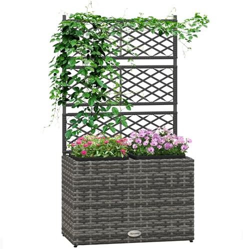 Outsunny Fioriera per Piante con Grigliato per Rampicanti, Aiuola Rialzata con 2 Vasi Interni, Struttura in Acciaio e Rattan PE, 57x30x107cm, Grigio