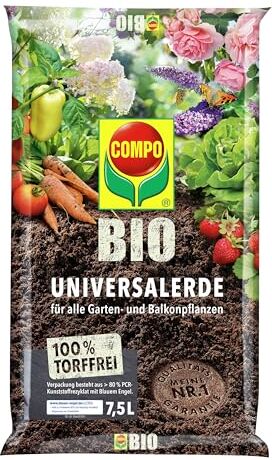 Compo Bio, terreno universale per piante da interno, ideale anche come terreno vegetale, per frutta e come terreno erboso, senza torba, substrato di coltura, 7,5 litri, marrone