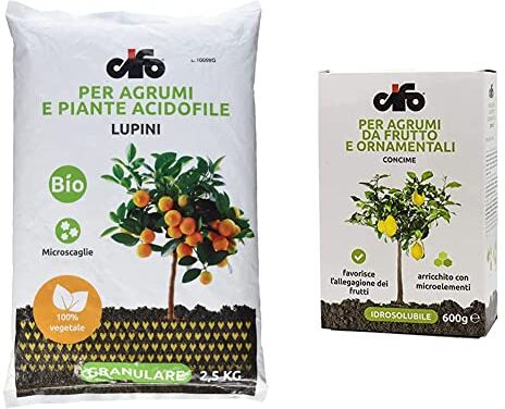 CIFO Lupini per Agrumi e piante Acidofile 2,5 kg & Concime idrosolubile per agrumi da frutto e ornamentali 600 g