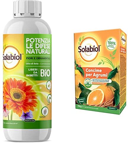 Solabiol Olio Bianco Vegetale di SOIA Concentrato. Potenziatore delle difese delle Piante da attacchi degli Insetti 1 LT & Concime Biologico Granulare Agrumi con Tecnologia Natural Booster