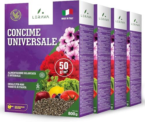 LERAVA ® Concime Universale 4x800g concime organico migliora la fertilità del suolo e promuove la crescita delle piante Fertilizzante per piante nell'orto, giardino e in vaso 100% Made in Italy