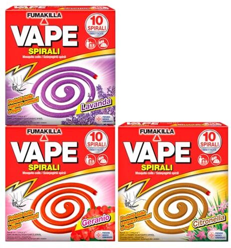 Vape Spirali Profumate Lavanda Geranio e Citronella Repellente Antizanzara contro Zanzare Comuni e Tigre Presidio Medico Chirurgico 30 Spirali Profumazioni Assortite