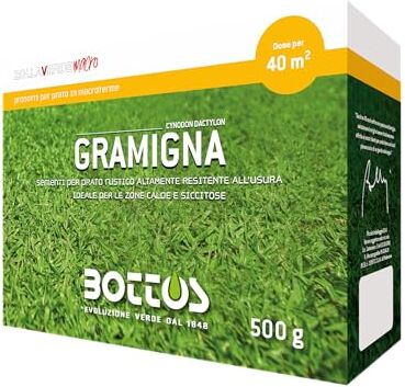 Bottos GRAMIGNA, Semi per Prato, Eccellente colonizzazione, Resistenza al caldo e siccità, Ideale per giardini e aree pubbliche senza impianto d'irrigazione, 500gr (40mq)