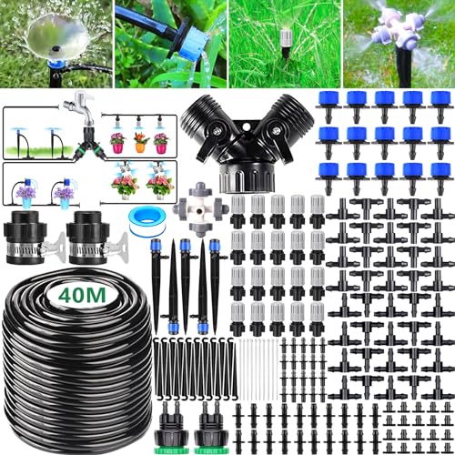 BARAKYEG Kit irrigazione 189 PCS per Giardino,Sistema Irrigazione del Giardino,Drip Irrigation Kit di Microirrigazione Automatici Regolabili,Flower Bed,terrazza Piante – 40 m,Adattto a Patio,Prato