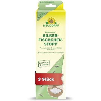 Neudorff Set di 3 trappole adesive per pesciolini argentati permanenti – cattura efficacemente pesci d'argento e pesci di carta in tutti gli ambienti interni Neudorff Set di 3 trappole adesive per pesciolini argentati permanenti – cattura efficacemente pesci d'argento e pesci di carta in tutti gli ambienti interni
