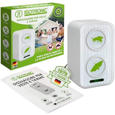 ISOTRONIC Repellente per vespe e falene – protezione naturale contro le vespe con ultrasuoni e frequenza alternata – repellente per falene con un raggio d'azione di 50 m² (1 confezione) ISOTRONIC Repellente per vespe e falene – protezione naturale contro le vespe con ultrasuoni e frequenza alternata – repellente per falene con un raggio d'azione di 50 m² (1 confezione)