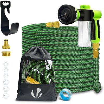 VOUNOT ® Tubo Irrigazione Estensibile 15m, Tubo Flessibile da Giardino con Dispenser Sapone e Pistola a Spruzzo d'Acqua 8 Funzioni, Connettore in Ottone 1/2" e 3/4" e Gancio e Organizer Inclusi, Verde VOUNOT ® Tubo Irrigazione Estensibile 15m, Tubo Flessibile da Giardino con Dispenser Sapone e Pistola a Spruzzo d'Acqua 8 Funzioni, Connettore in Ottone 1/2" e 3/4" e Gancio e Organizer Inclusi, Verde
