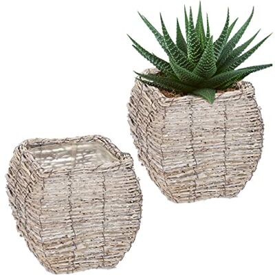 Relaxdays Vasi per Fiori, Set da 2, Fiorere in Rattan con Rivestimento, per Interni, HLP: 20x20x20 cm, Bianco Naturale Relaxdays Vasi per Fiori, Set da 2, Fiorere in Rattan con Rivestimento, per Interni, HLP: 20x20x20 cm, Bianco Naturale