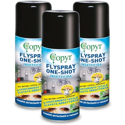 COPYR FlySpray OneShot Insetticida Aerosol contro Mosche Scarafaggi Formiche Pulci Zecche, Insetti delle Derrate, 150ml x 3 Pz con Piretrine Pure, Azione Abbattente a Svuotamento Totale COPYR FlySpray OneShot Insetticida Aerosol contro Mosche Scarafaggi Formiche Pulci Zecche, Insetti delle Derrate, 150ml x 3 Pz con Piretrine Pure, Azione Abbattente a Svuotamento Totale