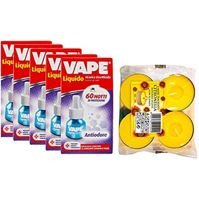 VAPE - 5 CONFEZIONI RICARICHE LIQUIDO INSETTICIDA ANTIODORE 36 ML + 4 CANDELE ALLA CITRONELLA VAPE - 5 CONFEZIONI RICARICHE LIQUIDO INSETTICIDA ANTIODORE 36 ML + 4 CANDELE ALLA CITRONELLA