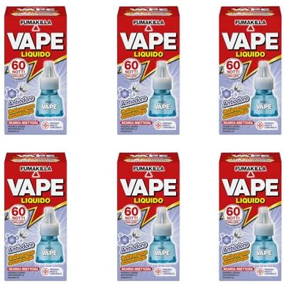 VAPE Zanzare Ricarica Liquida 60 Notti Antiodore 30 Ml (6 unità) VAPE Zanzare Ricarica Liquida 60 Notti Antiodore 30 Ml (6 unità)