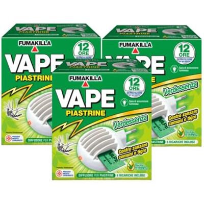 VAPE Diffusore Piastrine Antizanzare Comuni E Tigre Verdessenza Con 6 Ricariche Incluse (3 Unità) VAPE Diffusore Piastrine Antizanzare Comuni E Tigre Verdessenza Con 6 Ricariche Incluse (3 Unità)