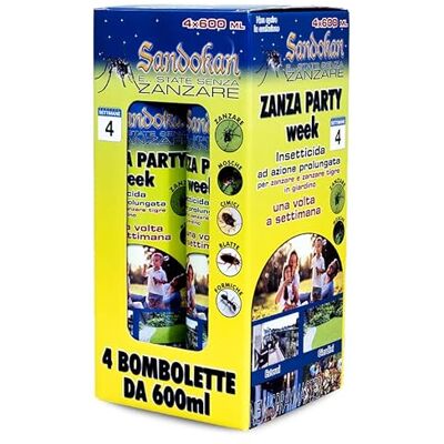 Sandokan , 4 Zanza Party Insetticida Spray Zanzare Giardino 600ml, Antizanzare per Esterno Potente con Valvola Jet, Azione Abbattente Rapida 10 Minuti contro Zanzara Tigre, Mosche e Cimici Sandokan , 4 Zanza Party Insetticida Spray Zanzare Giardino 600ml, Antizanzare per Esterno Potente con Valvola Jet, Azione Abbattente Rapida 10 Minuti contro Zanzara Tigre, Mosche e Cimici