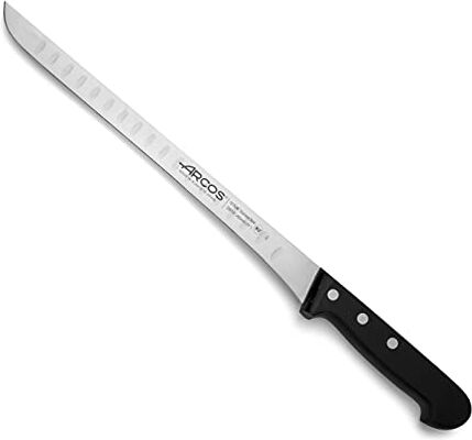 Arcos Serie Universal, Coltello Prosciutto, Lama Acciaio Inossidabile NITRUM 280 mm con Alveoli, Manico Polioxymetilene (POM), Colore Nero