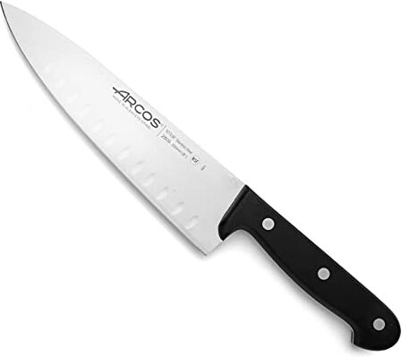 Arcos Serie Universal, Coltello da Chef Coltello da Cucina, Lama Acciaio Inossidabile NITRUM 200 mm con Alveoli, Manico Polioxymetilene (POM), Colore Nero