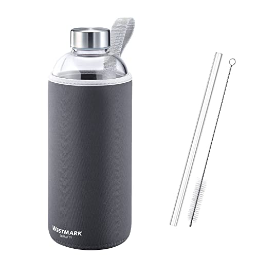 Westmark Borraccia in vetro con custodia protettiva 1000 ml + 1 cannuccia in vetro 21 cm + 1 spazzola di pulizia vetro/silicone/gomma senza BPA Viva antracite/argento/trasparente