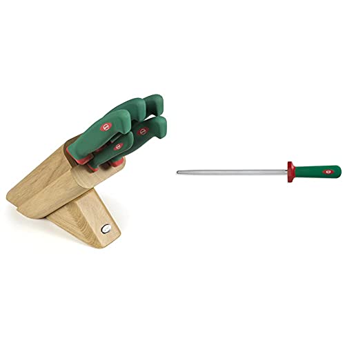 Sanelli 931605 Ceppo Coltelli Leck, Legno, Verde/Rosso, 5 unità & Premana Professional Acciaino, Acciaio Inossidabile, Verde/Rosso, 30 cm