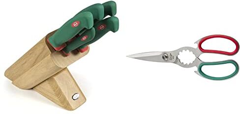 Sanelli 931605 Ceppo Coltelli Leck, Legno, Verde/Rosso, 5 unità & Premana Professional Forbice Cucina, Acciaio Inossidabile, Verde/Rosso, 21.0x1.0x7.5 cm