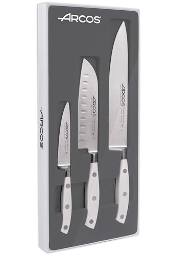 Arcos Serie Riviera Blanc, Set di Coltelli da Cucina 3 pezzi (1 Spelucchino + 1 Santoku + 1 Coltello da Chef), Acciaio Inossidabile Forgiato NITRUM, Manico Polioxymetilene (POM), Colore Bianco