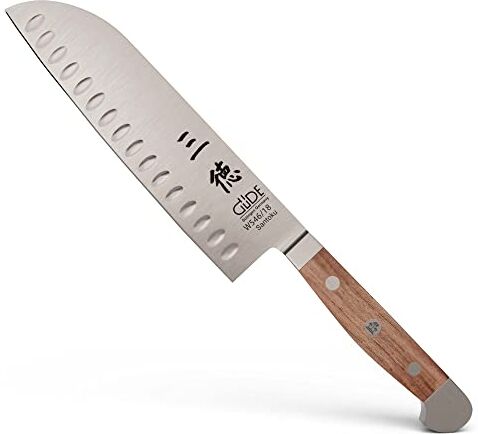 Güde Solingen Coltello Santoku con scanalature forgiato, 18 cm, legno di noce, ALPHA-WALNUT doppio collarino, fatto a mano in Germania