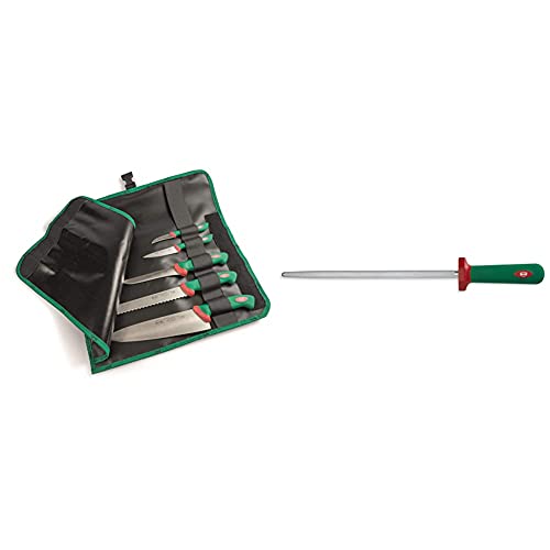 Sanelli Set 5 Coltelli Premana Professional Rotolo Cuoco, Cordura, Nero/Verde & Premana Professional Acciaino, Acciaio Inossidabile, Verde/Rosso, 30 Cm