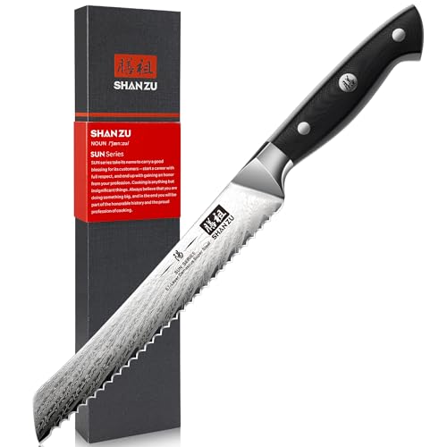 SHAN ZU Coltello da Pane Damasco 20 cm, Coltello da Pane Seghettato in Acciaio Damasco AUS-10, Coltello da Pasticceria con Impugnatura Ergonomica G10 SUN Series