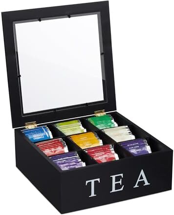 Relaxdays Scatola Porta tè e Tisane, Organizer Cassetti 9 Scomparti, 9x25x25 cm, Tea Box con Coperchio MDF, Nero Bianco, bambù, Plastica