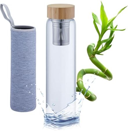 Relaxdays Bottiglia con Infusore Té Caldo e Freddo, Borraccia in Vetro, con Custodia Termica e Tappo bambù, Acciaio Inox, Naturale, 1L