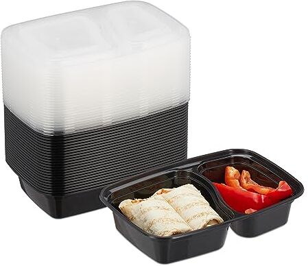 Relaxdays Meal Prep Contenitori, Set 24 Lunch Box a 2 Scomparti, Scatola Riutilizzabile con Coperchio, Microonde, Nero, 5 x 22 x 15,5 cm