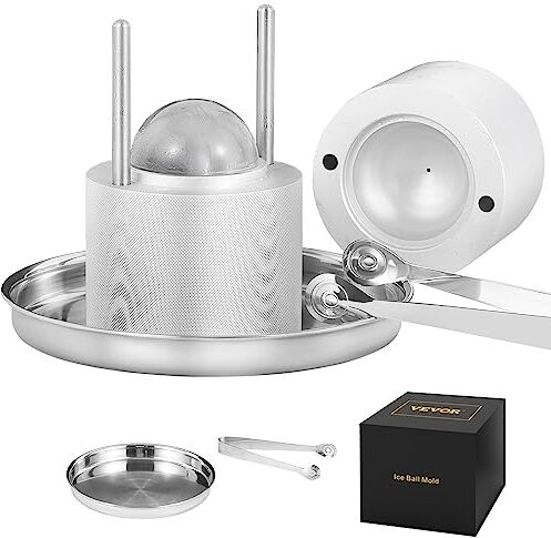 VEVOR Kit Pressa per Ghiaccio a Sfera in Alluminio Diametro 61mm, Stampo per Ghiaccio Sferico per Cocktail Whisky Cognac Bevande, Kit di Pressa per Palline di Ghiaccio da Bar Alluminio Colore Argento