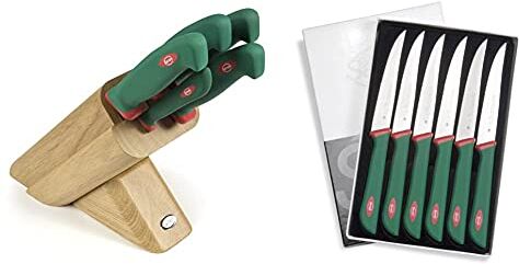 Sanelli 931605 Ceppo Coltelli Leck, Legno, Verde/Rosso, 5 unità & Premana Professional Confezione Coltelli Costata, Acciaio Inossidabile, Verde/Rosso, 25.5x15.5x2.0 cm, 6 unità