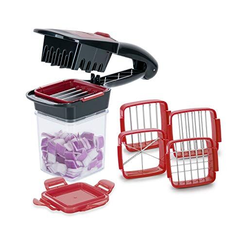 Genius Nicer Dicer Quick XXL  Set di 7 tritatutto con 3 inserti intercambiabili e contenitore di raccolta da 320 ml in formato manuale, 30 cubetti o 10 dischi con un clic, in acciaio INOX