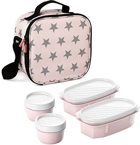 TATAY Urban Food Casual, Borsa Termica Porta Pranzo, 3L Capacità, con 4 Contenitori Alimentari, 2 x 0.5 L, 2 x 0.2 L, senza BPA, Rosa (con Stelle), 22.5 x 10 x 22 cm