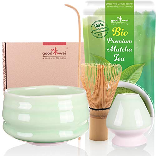 Goodwei Set di Matcha Completo Tazza Cerimoniale con frusta e cucchiaio incl. Tè Matcha Biologico Giapponese (Minto)