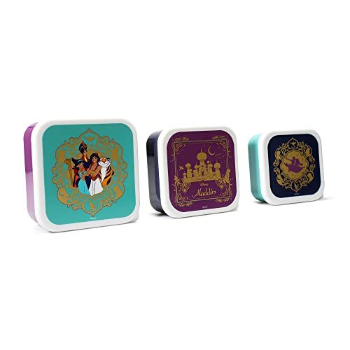 Disney Aladdin Set di 3 scatole per il pranzo con coperchio, senza BPA, per il pranzo, per la scuola, per lo spuntino, per il pranzo