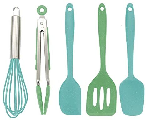 Fackelmann Set di 5 utensili da cucina e pasticceria per bambini, utensili da cucina in silicone, utensili per bambini, silicone, verde, blu, circa 21 cm