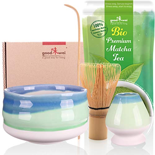 Goodwei Set di Matcha Completo Tazza Cerimoniale con frusta e cucchiaio incl. Tè Matcha Biologico Giapponese (Sumi)