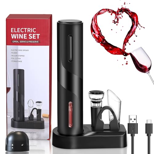 ZOYIDOUX Apribottiglie elettrico ricaricabile 7 in 1 set regalo, Cavatappi per vino con base, Versatore, Tappo in silicone per vuoto, Tagliapasta stagnola, Tappi per champagne, Linea USB