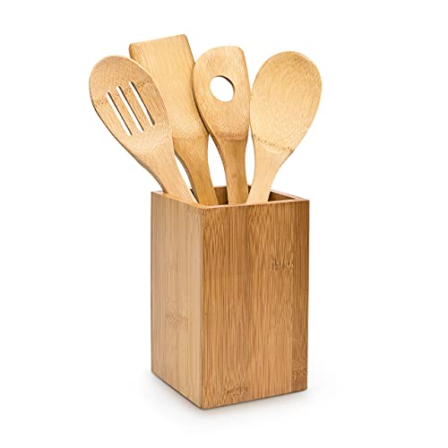 Relaxdays Accessori Set di Utensili da Cucina, 5 Parto, Mestolo, Spatola, Cucchiai, 30 cm, in bambù, Igienico, Legno Naturale, Marrone Chiaro, 1