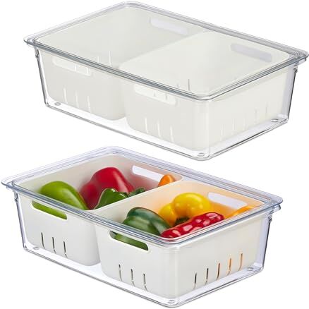 Relaxdays Set di 2 Organizer per Frigorifero Contenitori per Frigo con Coperchio, Set da 2, Impilabili, Cestelli Scola Verdure, Box Alimenti, Trasparente, Plastica, 10 x 33,5 x 22 cm ca