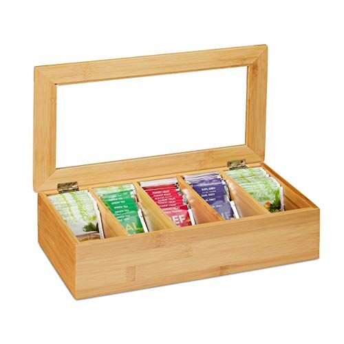 Relaxdays Scatola Porta tè e Tisane, 5 Scomparti, Cofanetto con Finestrella, Organizer 9 x 37 x 20 cm, bambù Naturale, plastica