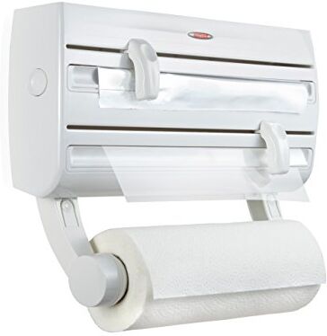 Leifheit Parat F2 ComfortLine Portarotoli per 3 rotoli, Taglia rotoli con ripiano portaspezie, Portarotolo cucina carta, pellicola, alluminio, bianco